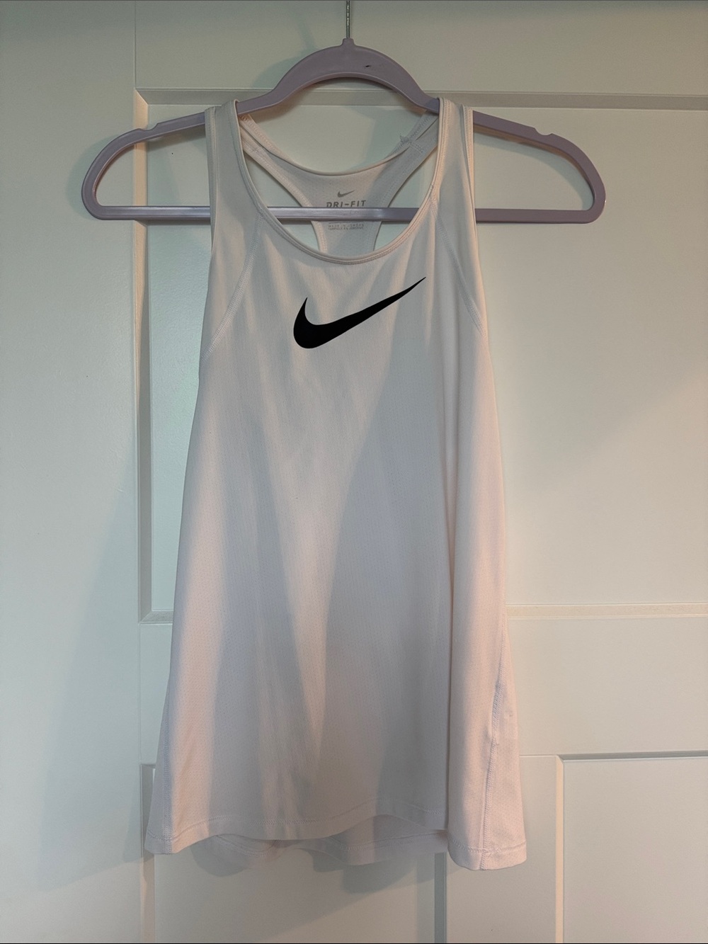 Nike White Dri-FIT Racerback Tank with Black Swoosh
